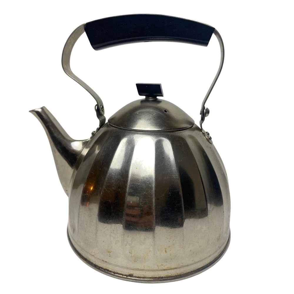 Vintage Soviet USSR Tea Kettle Nickel Plated Bronze Bakelite Handle Melon Shape